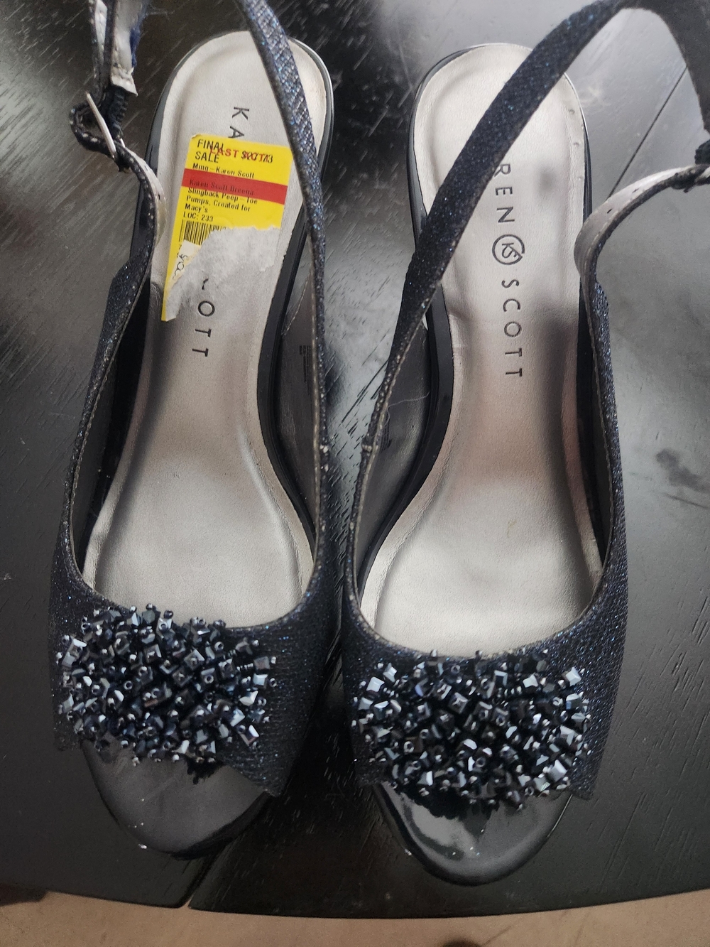 Karen Scott Black Beaded Slingback Peep-Toe Mules